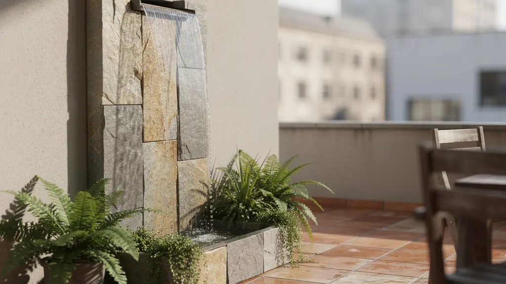 Compact water feature integrated into small patio with lush surrounding plants