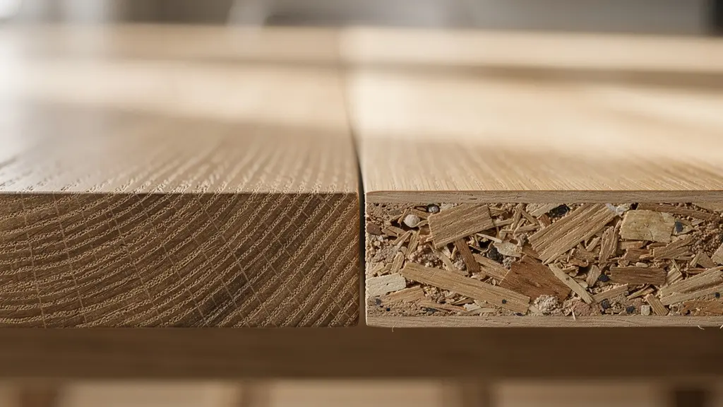Close-up view of solid oak dining table surface showing rich wood grain and craftsmanship details