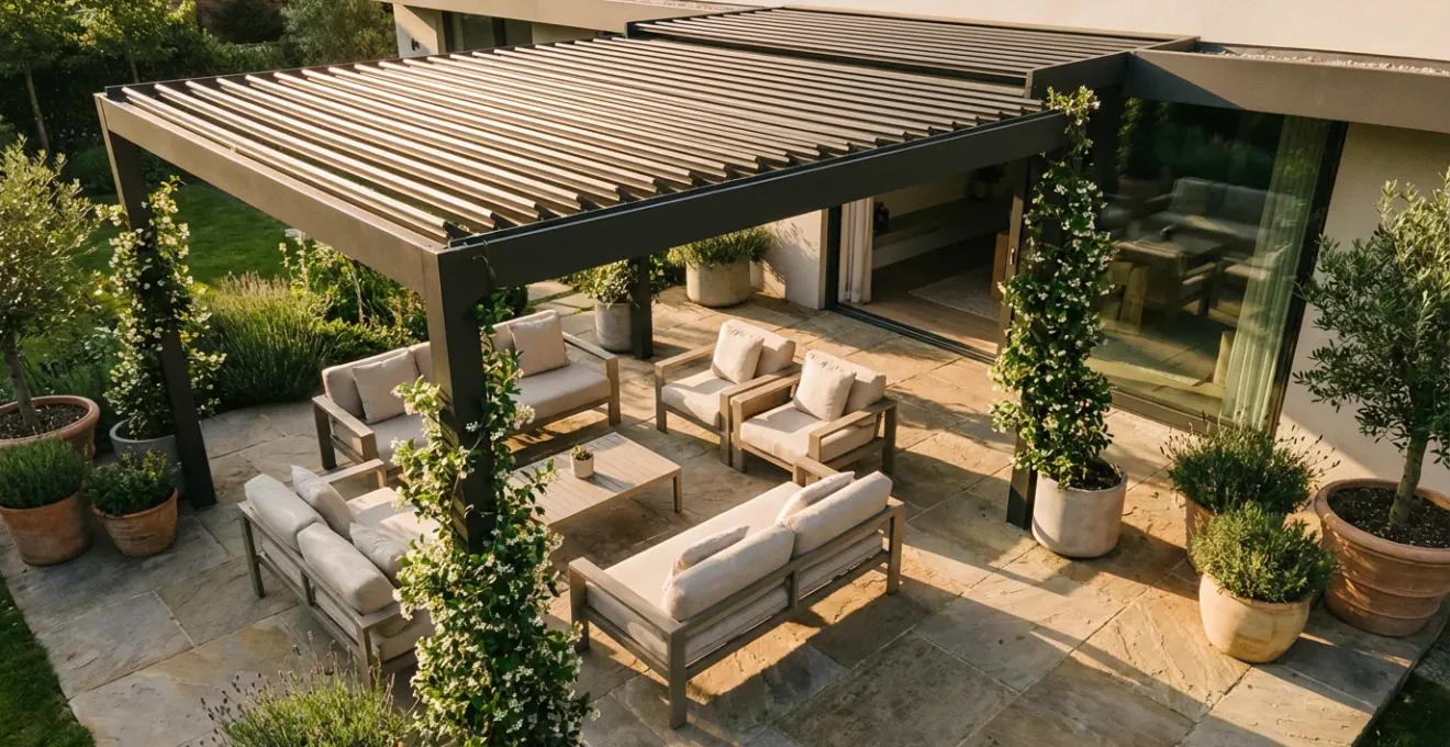 Modern louvered pergola over south-facing patio with comfortable seating