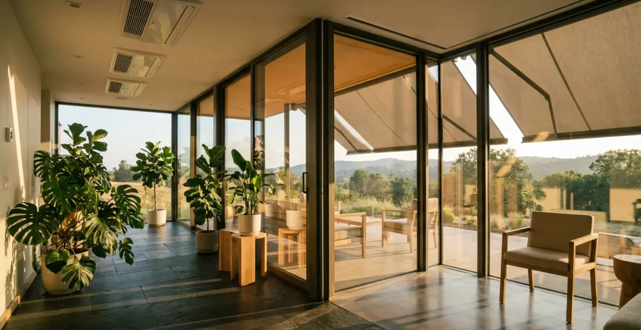 Modern sunroom with automated ventilation system and smart glass technology controlling heat and light