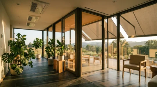 Modern sunroom with automated ventilation system and smart glass technology controlling heat and light