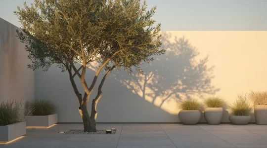 Elegant specimen tree in a modern courtyard garden with uplighting