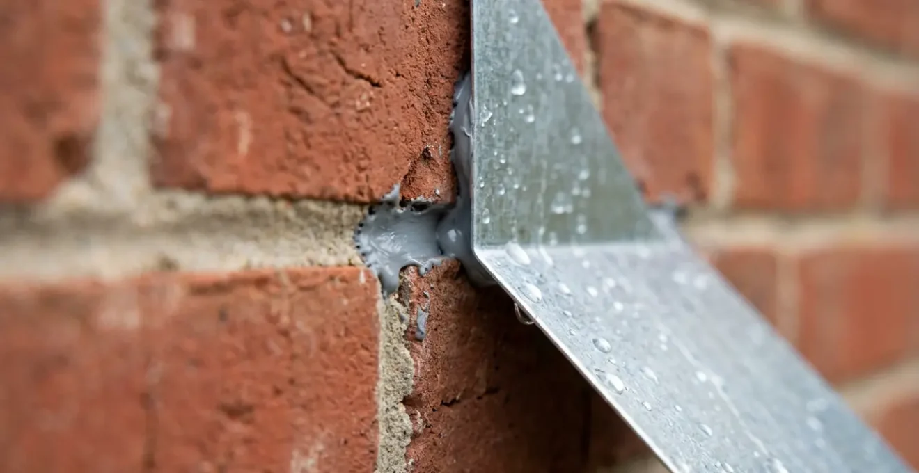 Close-up of proper step flashing installation on brick wall showing overlap and mortar joint insertion