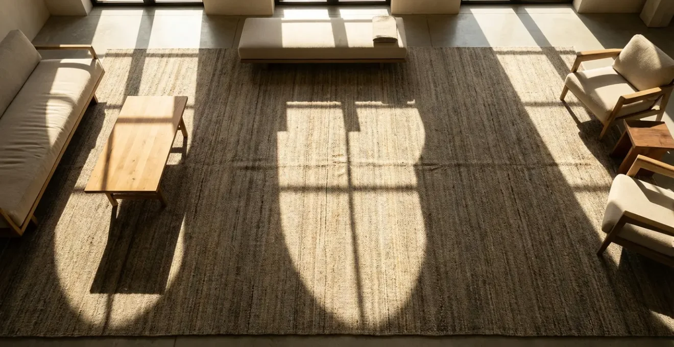 Aerial view of living room showing sunlight patterns across wool rug throughout the day