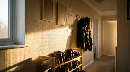 Professional photograph showing textured vinyl wallpaper in a hallway with natural light creating subtle shadows across the textured surface