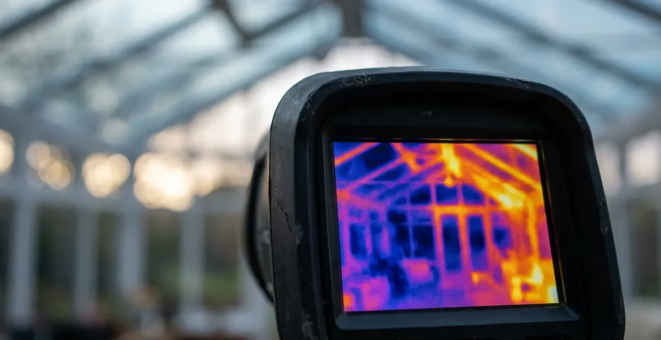 Thermal imaging view of a conservatory showing heat loss patterns in blue and purple colors