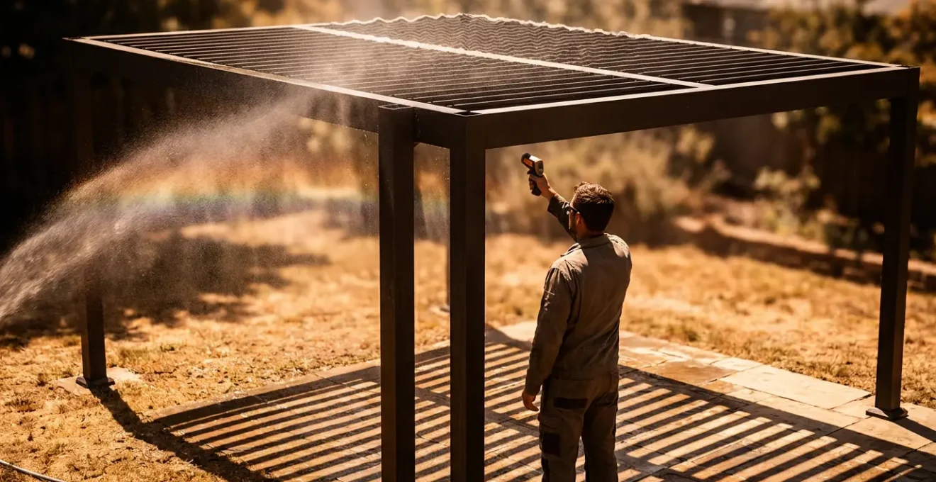 Wide shot of pergola thermal expansion testing in afternoon sun