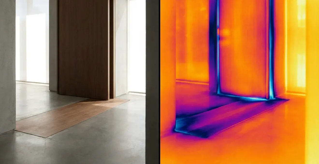 Thermal imaging view of door threshold showing heat loss patterns in blue and proper insulation in warm colors