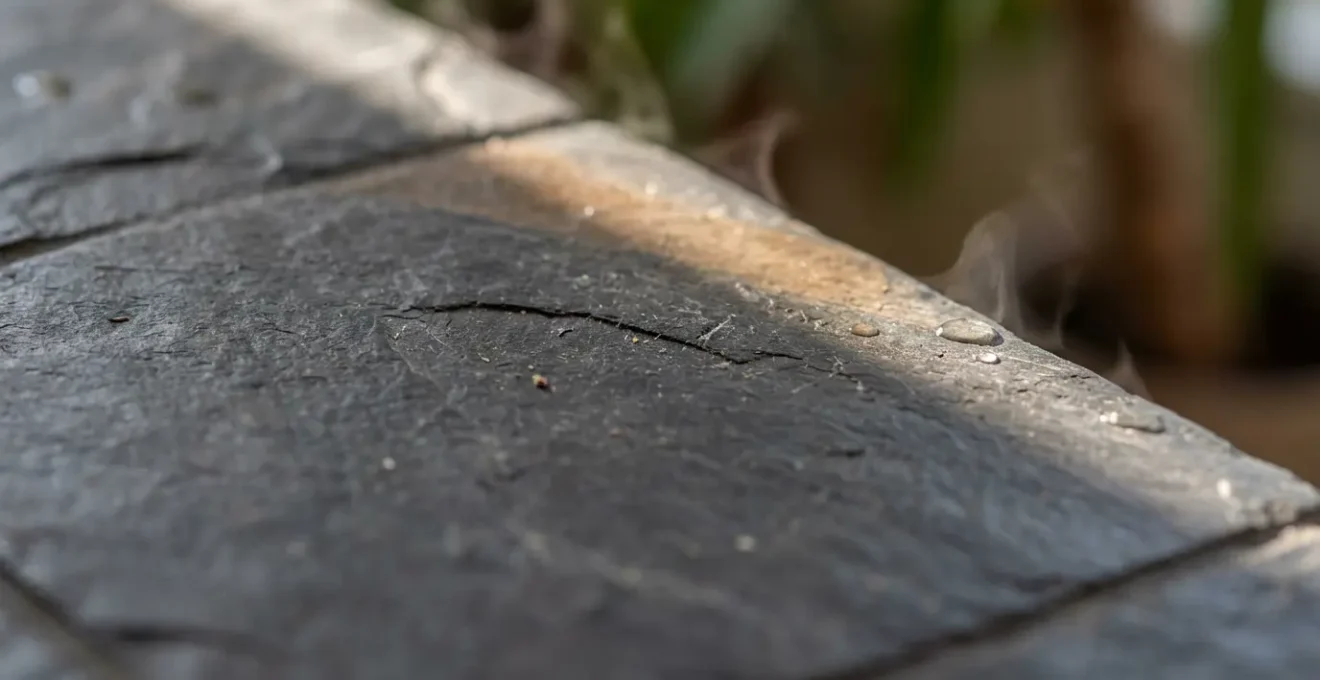 A macro view of dark sunroom floor tiles absorbing solar heat, illustrating the principle of thermal mass.
