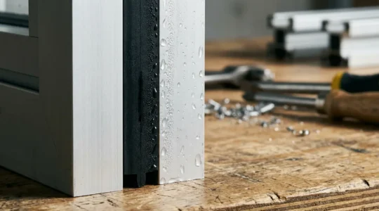 Cross-section view of a modern thermally broken aluminum window frame showing the polyamide thermal break strip separating interior and exterior aluminum profiles