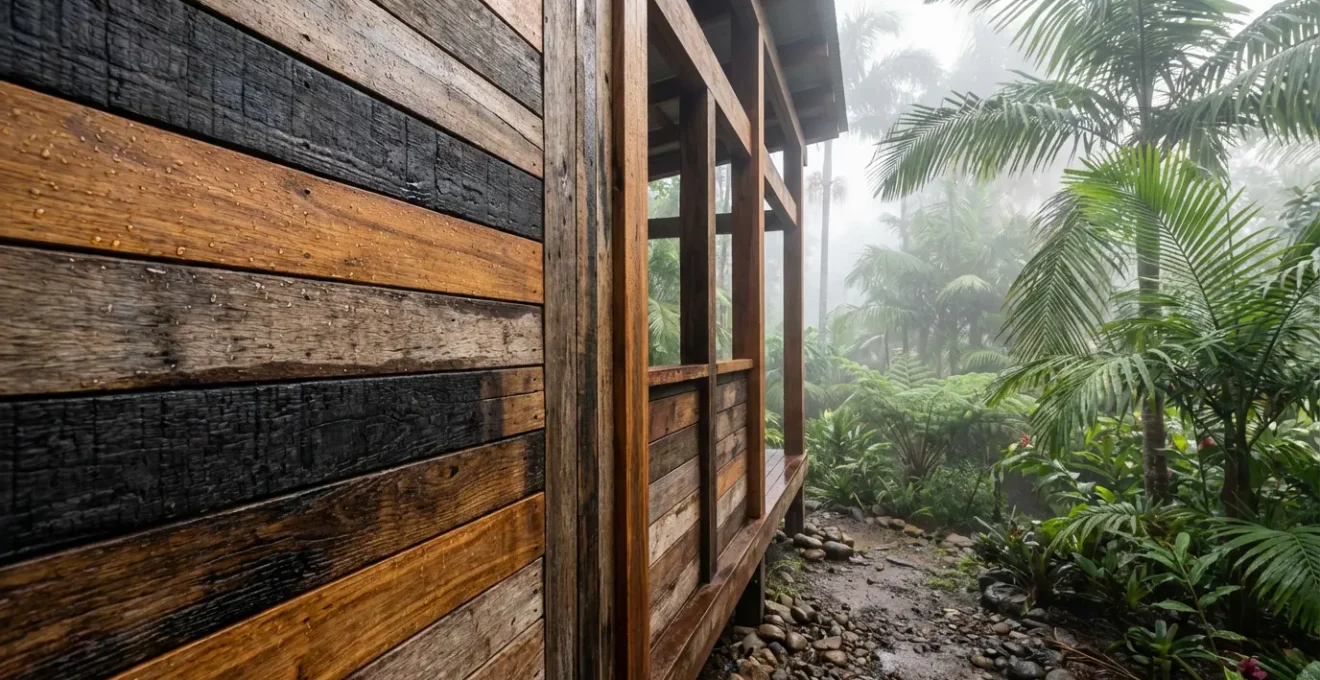 Timber frame structure showing various protective treatments and moisture management systems in humid conditions