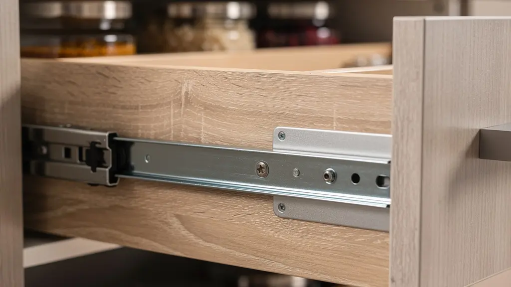 Custom pull-out drawer system installed under staircase for pantry storage