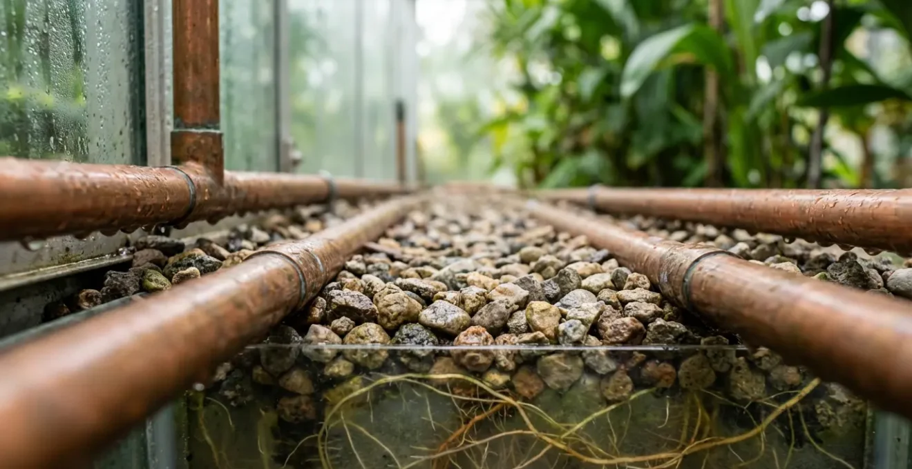 Cross-section view of underfloor heating system beneath tropical plants showing heat distribution