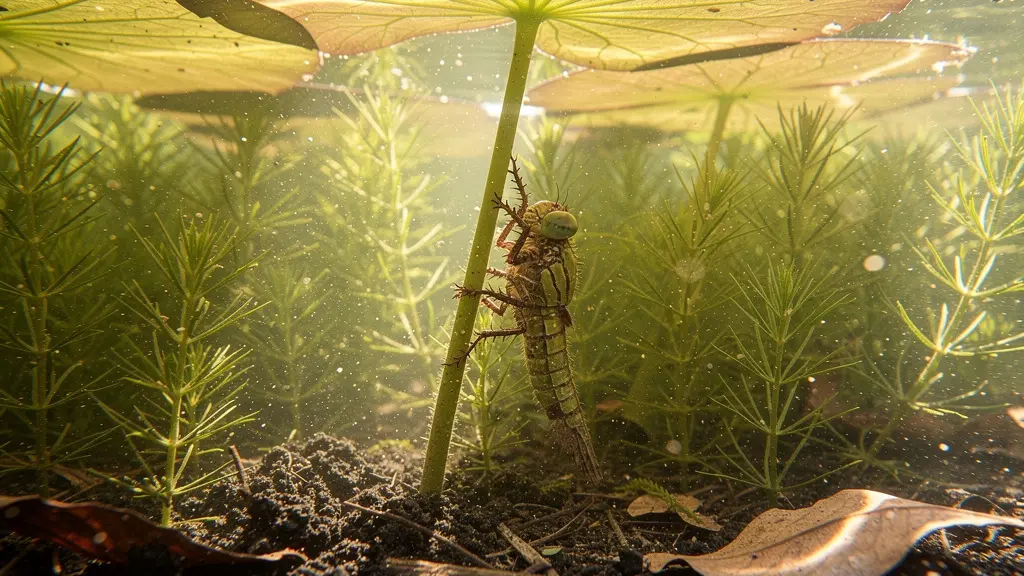 Cross-section view of pond showing three distinct plant zones with dragonfly nymphs hunting among submerged vegetation