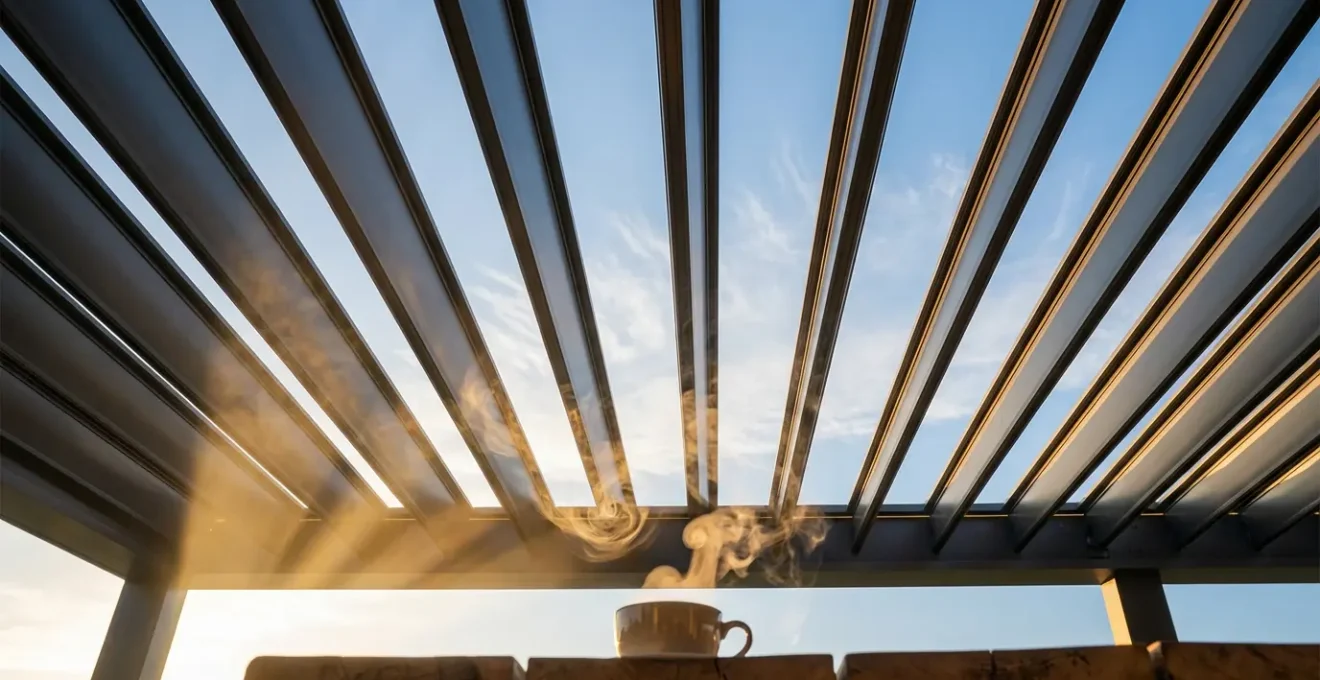 Pergola louvers creating Venturi effect with visible airflow patterns