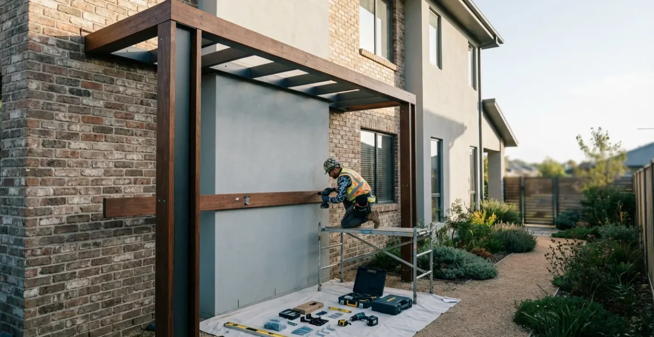 Professional installation of a wall-mounted pergola being anchored to a brick facade with specialized mounting hardware