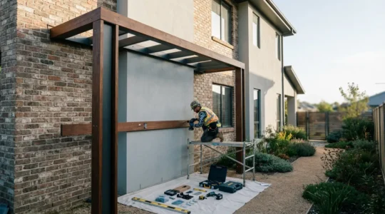Professional installation of a wall-mounted pergola being anchored to a brick facade with specialized mounting hardware