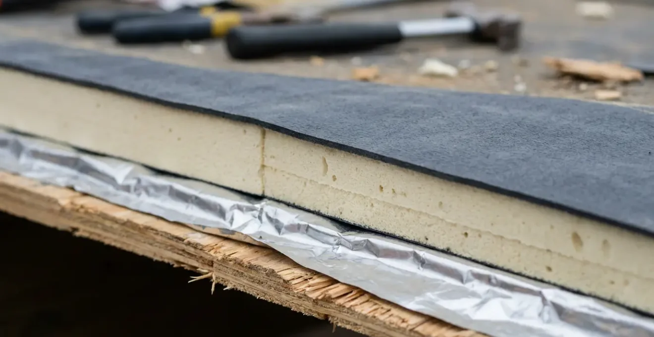 Detailed cross-section showing warm deck roof construction layers and vapor barrier placement