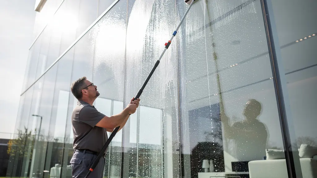 Professional using water-fed pole system to clean floor-to-ceiling glass wall from ground level