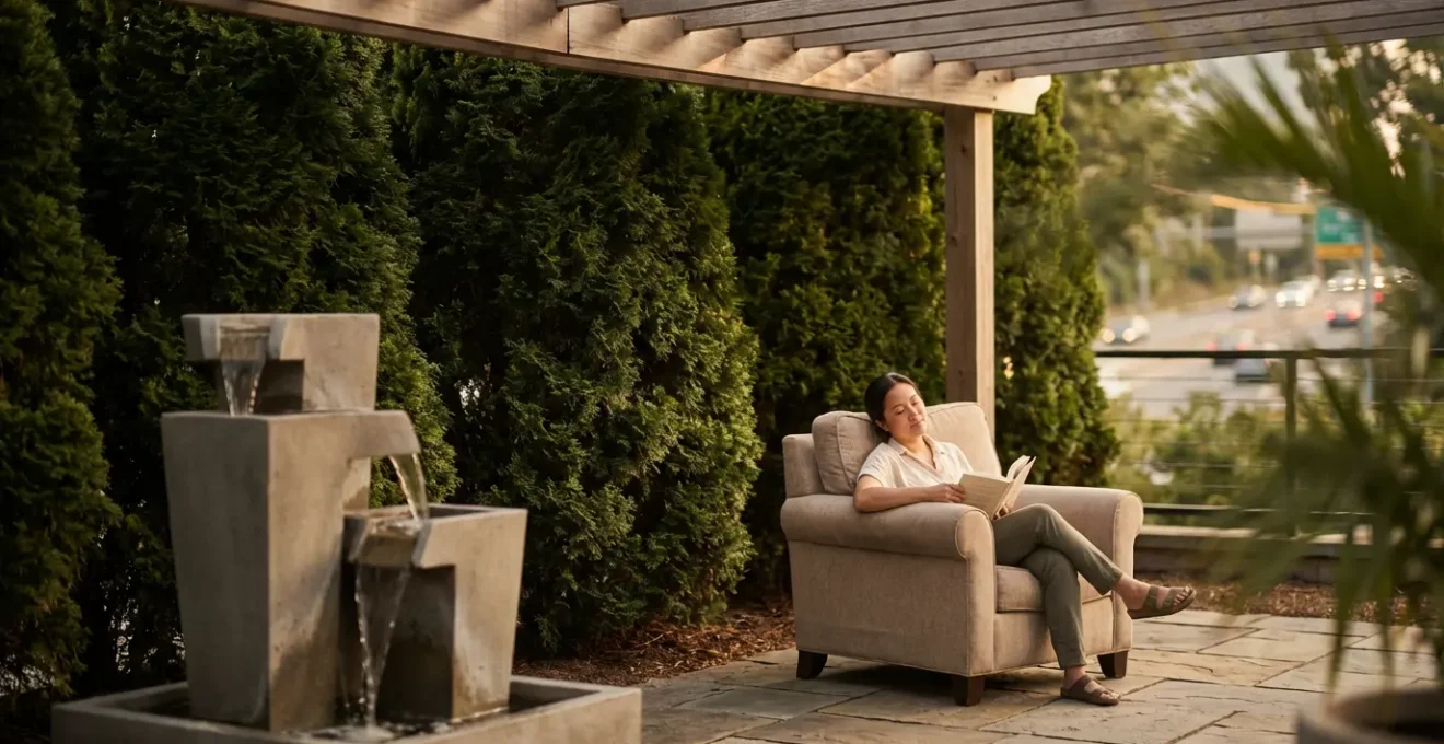 Tranquil patio corner with water feature creating acoustic bubble near seating arrangement