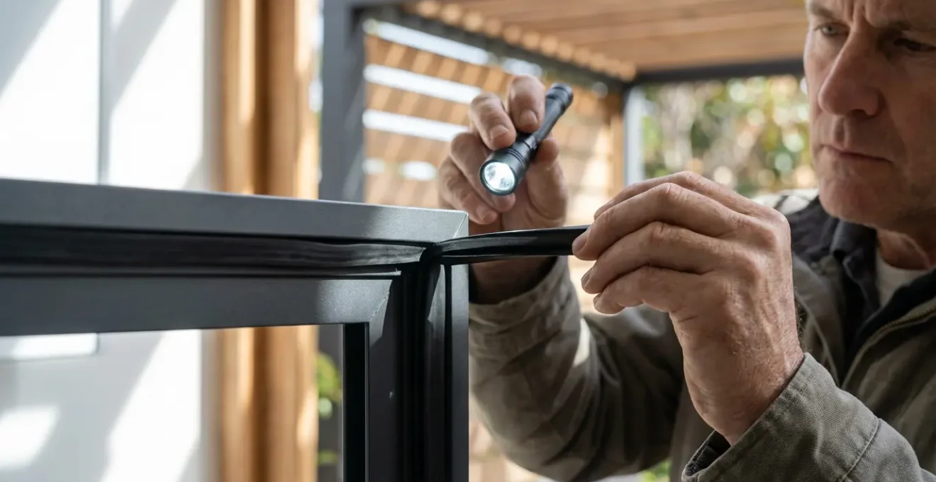 Professional inspecting pergola weather stripping corner joints