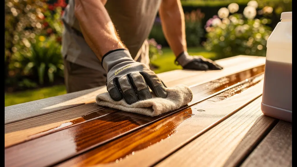 Close-up of oil being applied to weathered hardwood decking with natural wood grain visible
