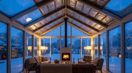 A cozy glass conservatory in winter with visible insulation layers beneath the glass roof structure