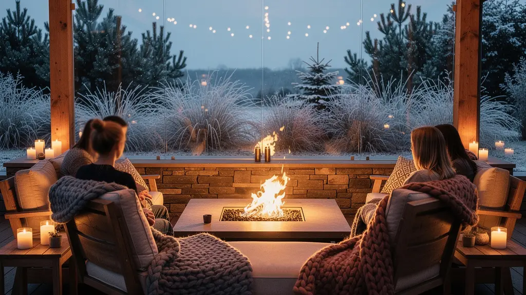 Evening view of covered outdoor living area with fire pit, layered textiles, and warm ambient lighting creating winter coziness