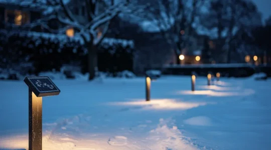Solar pathway lights illuminating a snow-covered garden path at dusk