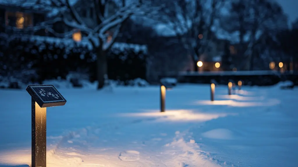 Solar pathway lights illuminating a snow-covered garden path at dusk